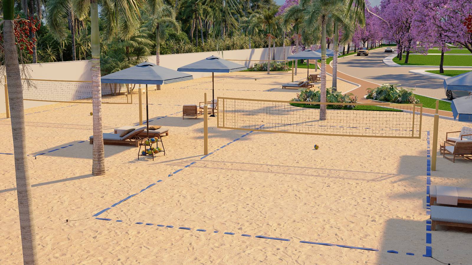 Quadras de beach tennis do L'essence, com areia de praia e iluminacao para jogo noturno