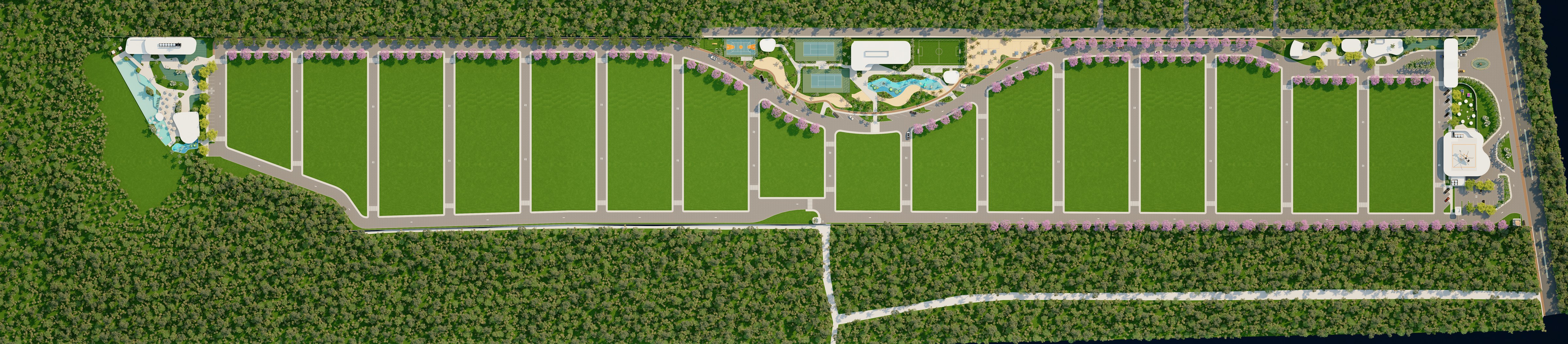 Masterplan do L'essence Home Design Resort com a distribuição dos 180 lotes, das 16 quadras e dos 25 espaços de lazer
