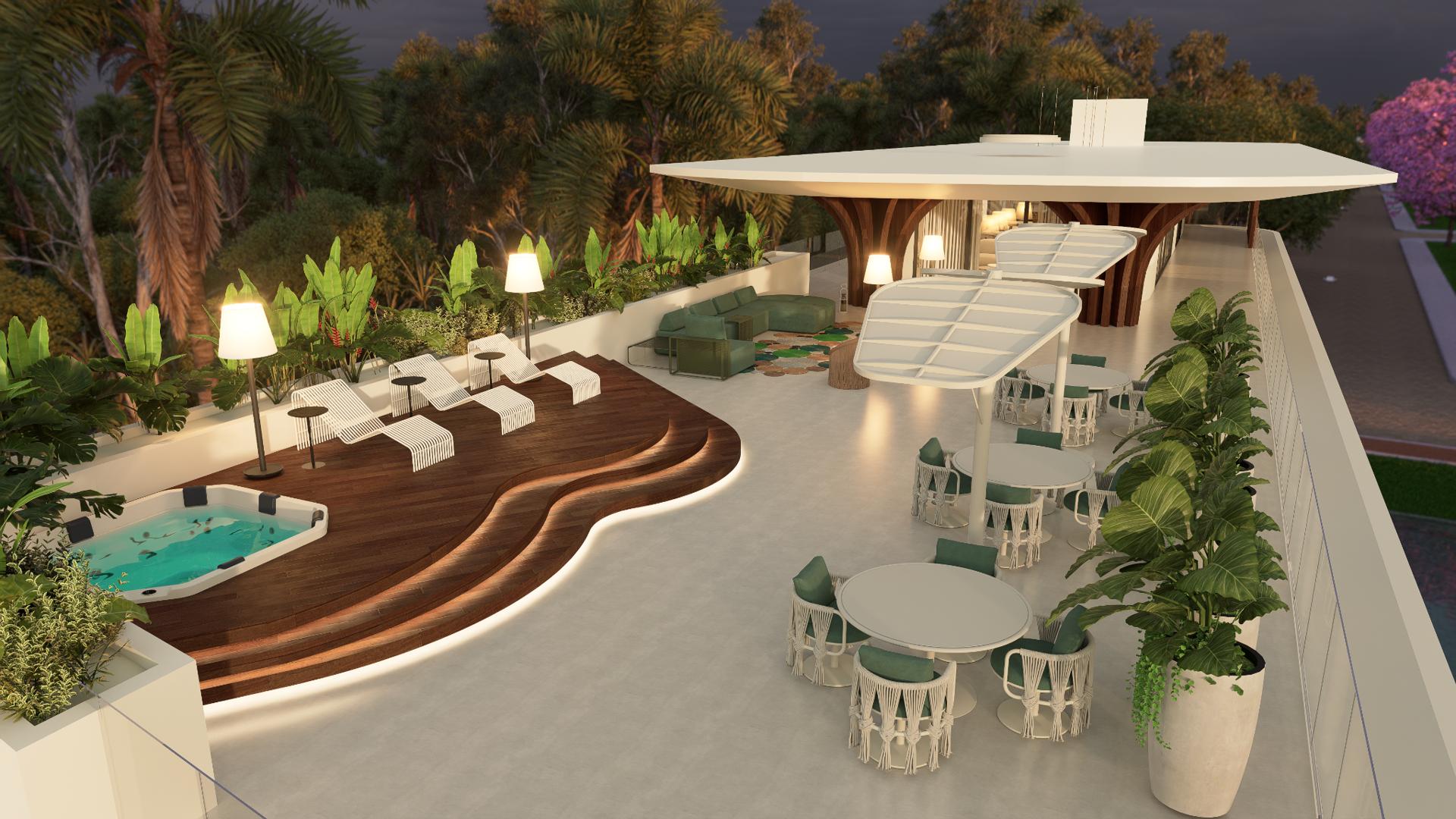 Terraco do rooftop do L'essence, com deck, jacuzzi e vista para o Atlantico