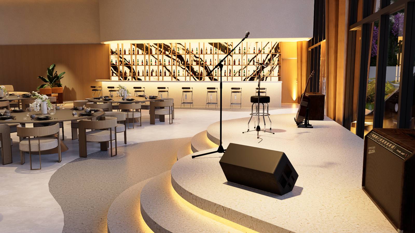 Salao de eventos do L'essence, com palco, bar e lounge para 300 convidados