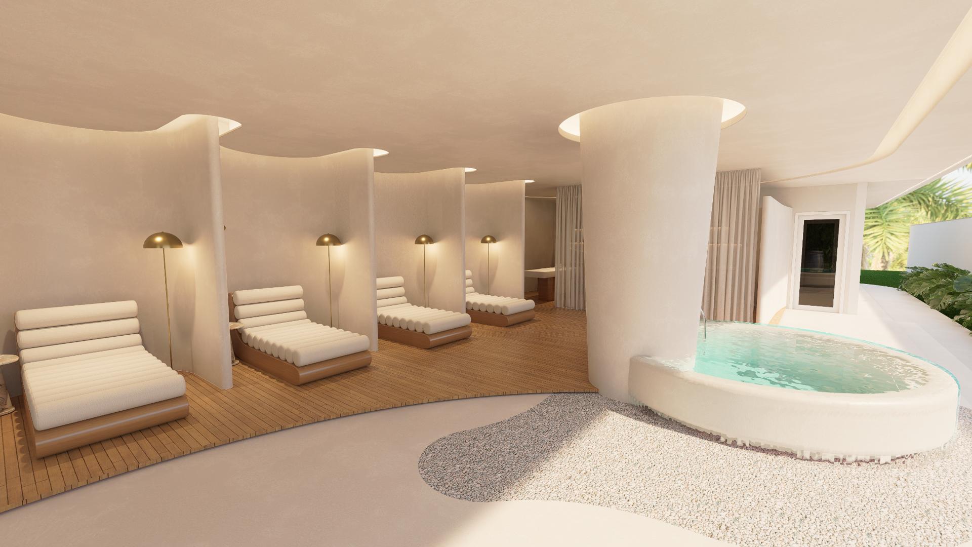 Spa do L'essence, com jacuzzi e area de descanso em madeira