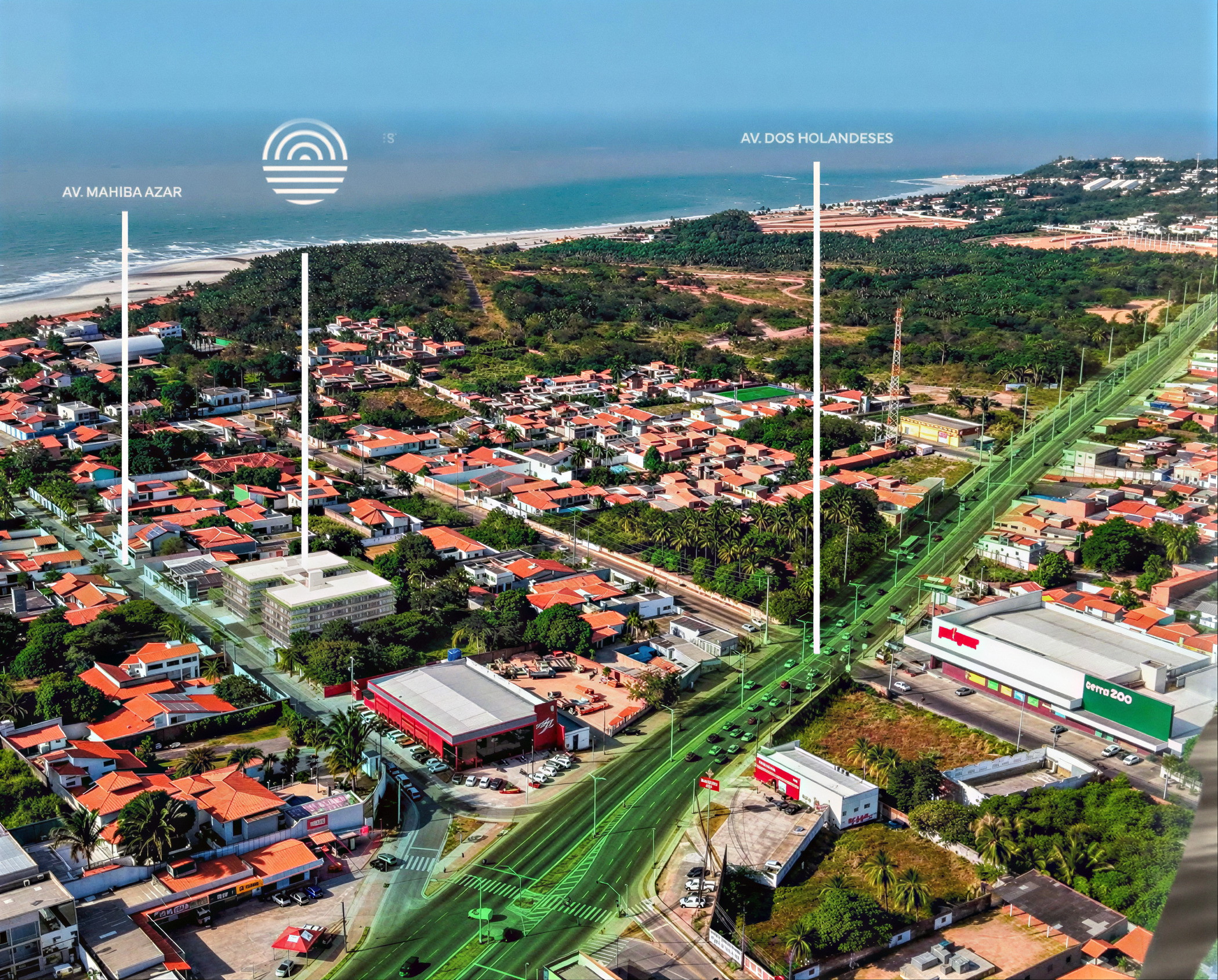 Vista aérea do bairro Olho d'Água, em São Luís, com a praia ao fundo