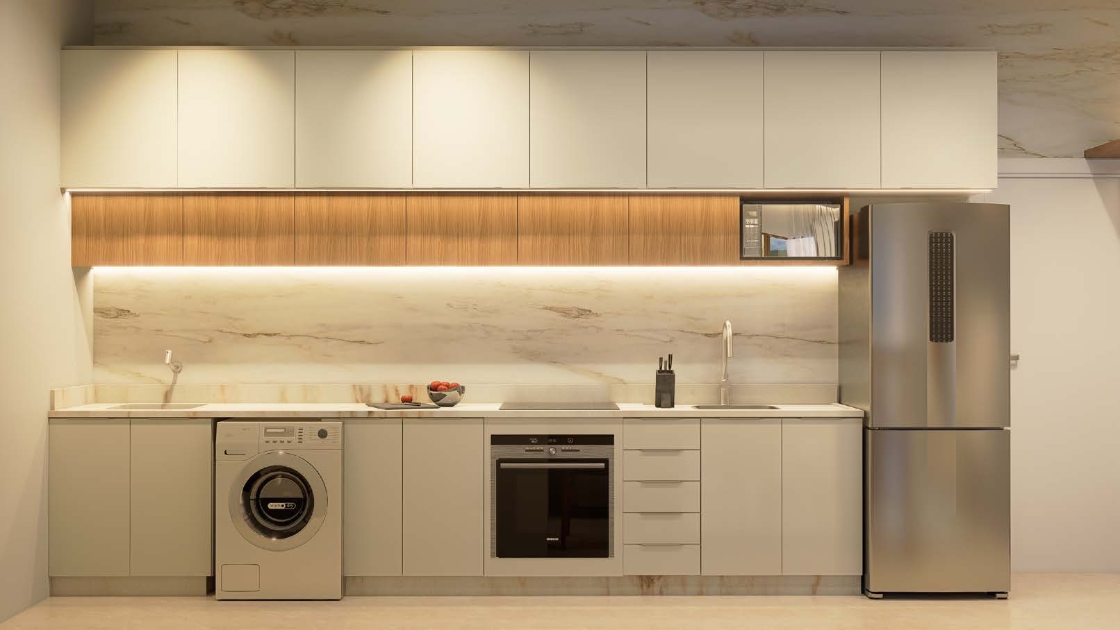 Cozinha do apartamento com bancada em mármore