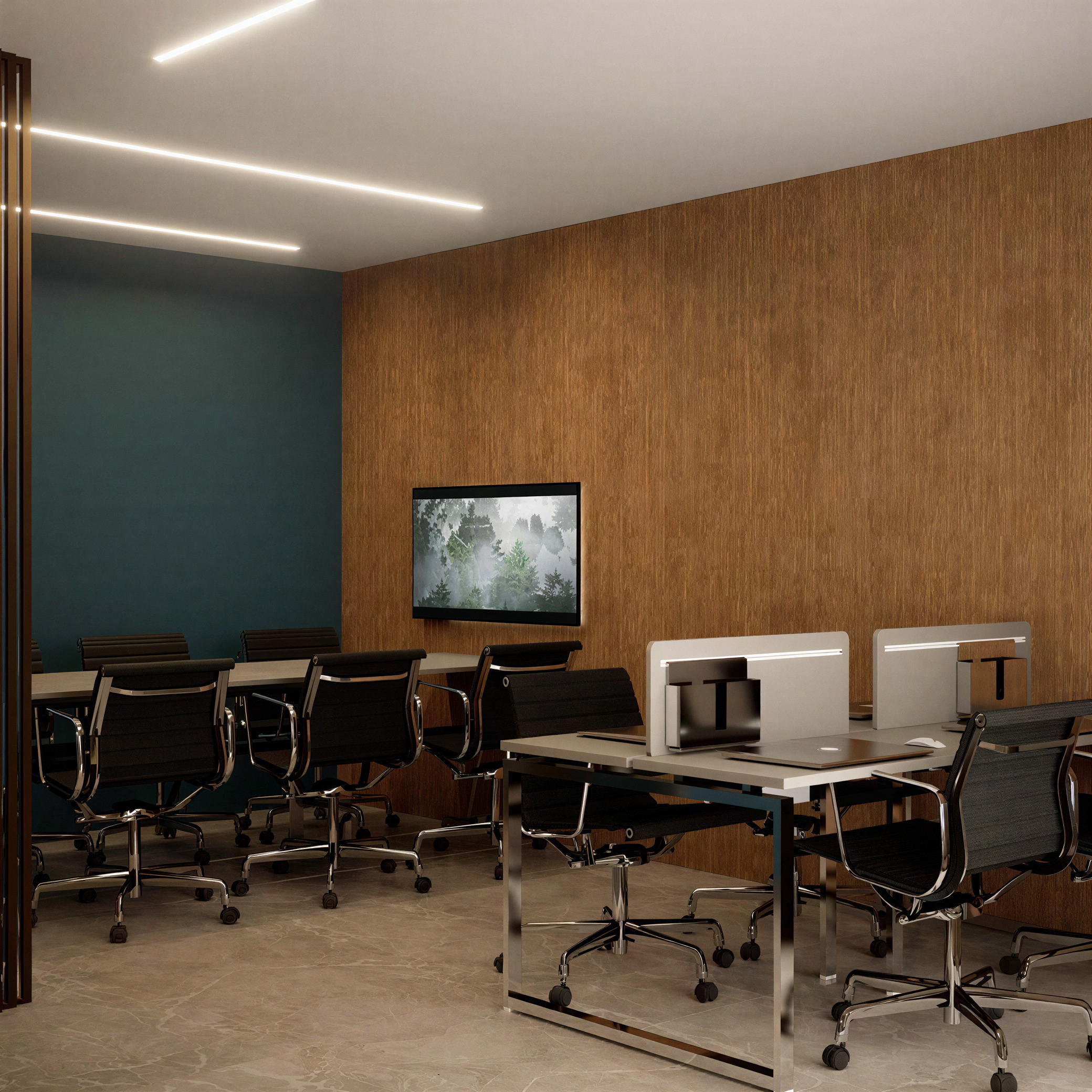 Sala de coworking com estações de trabalho