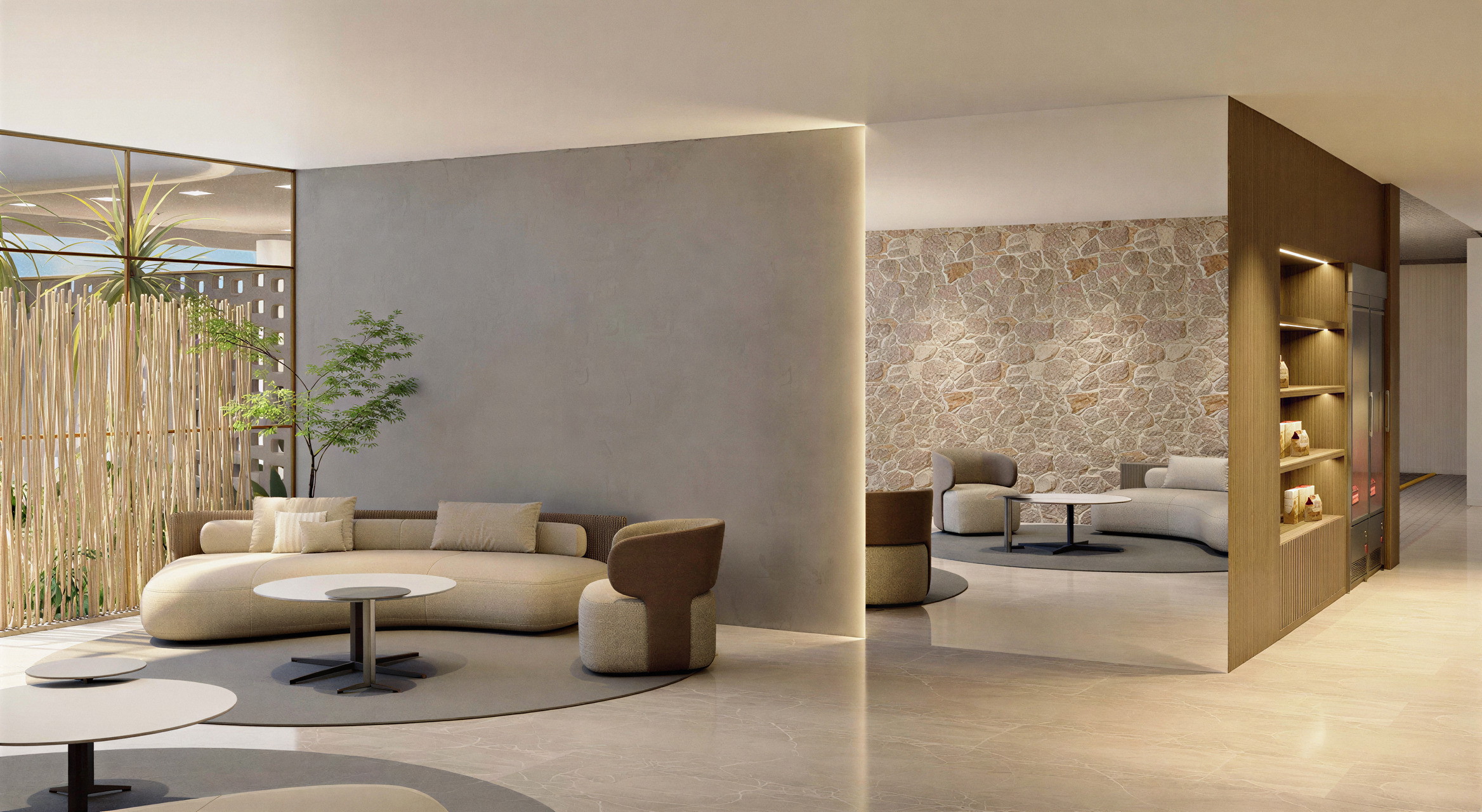 Lounge de convivência aberto para o jardim