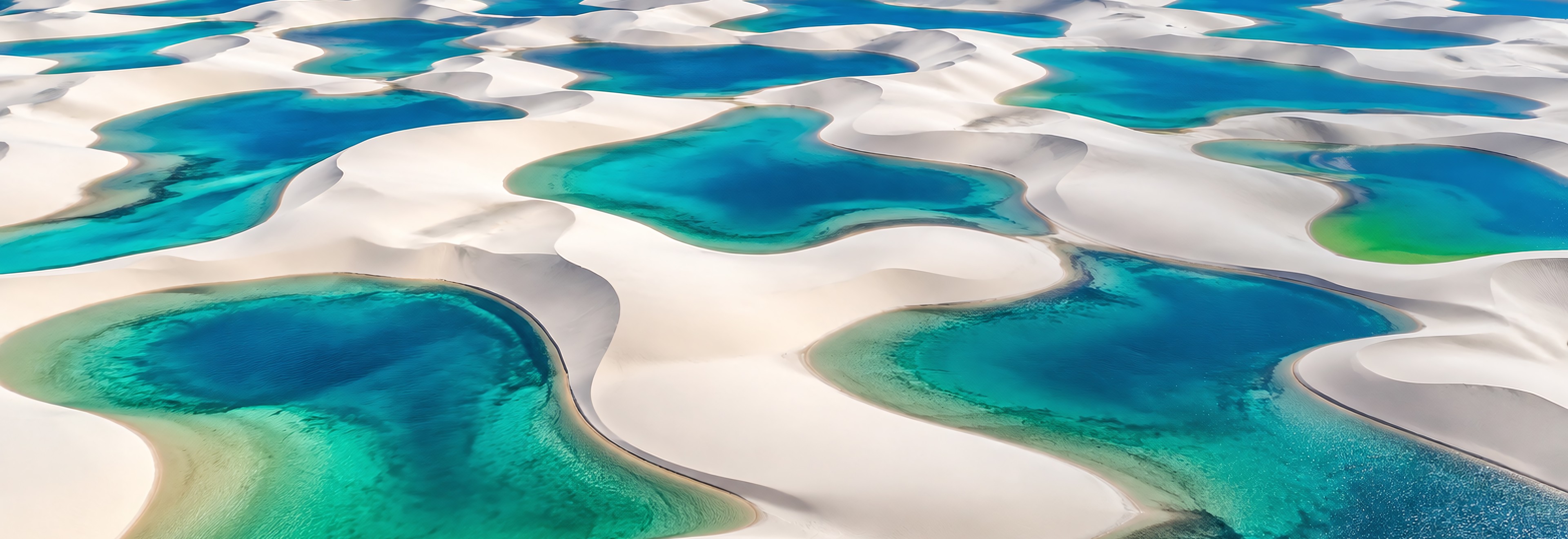 Vista aérea das dunas brancas e lagoas azuis dos Lençóis Maranhenses