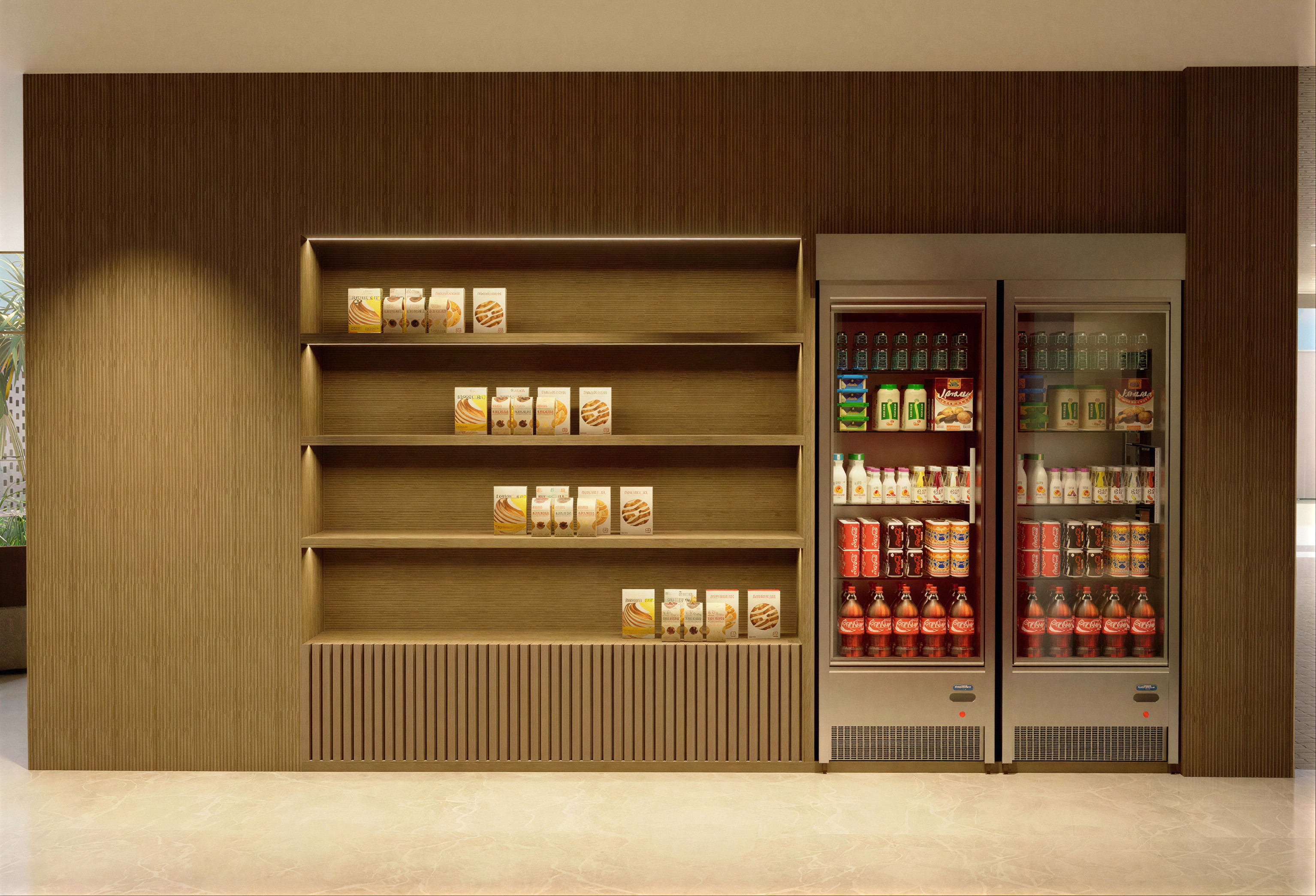 Mini mercado com prateleiras e refrigeradores