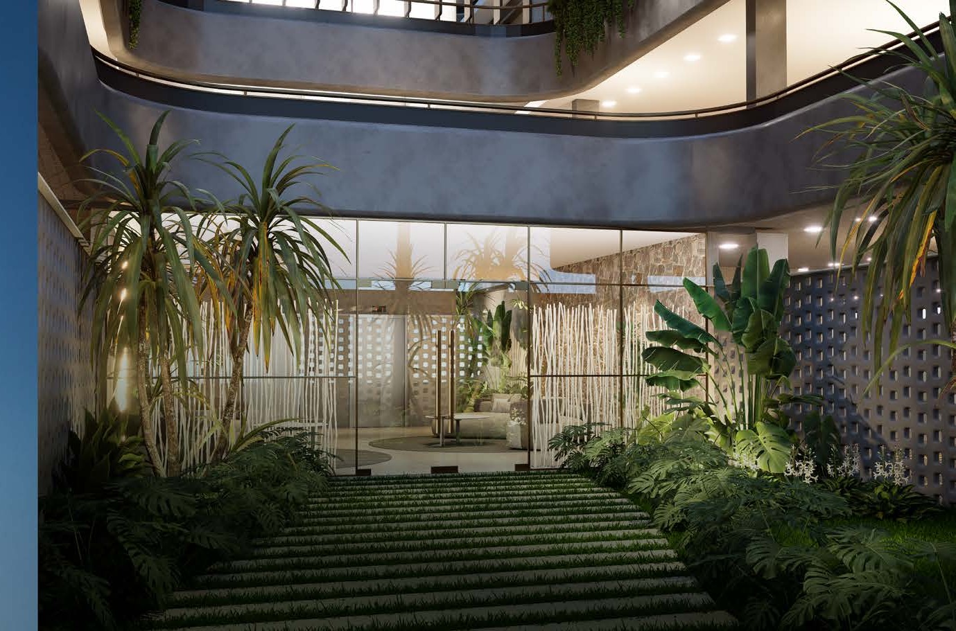 Área interna de convivência com jardim e vidro