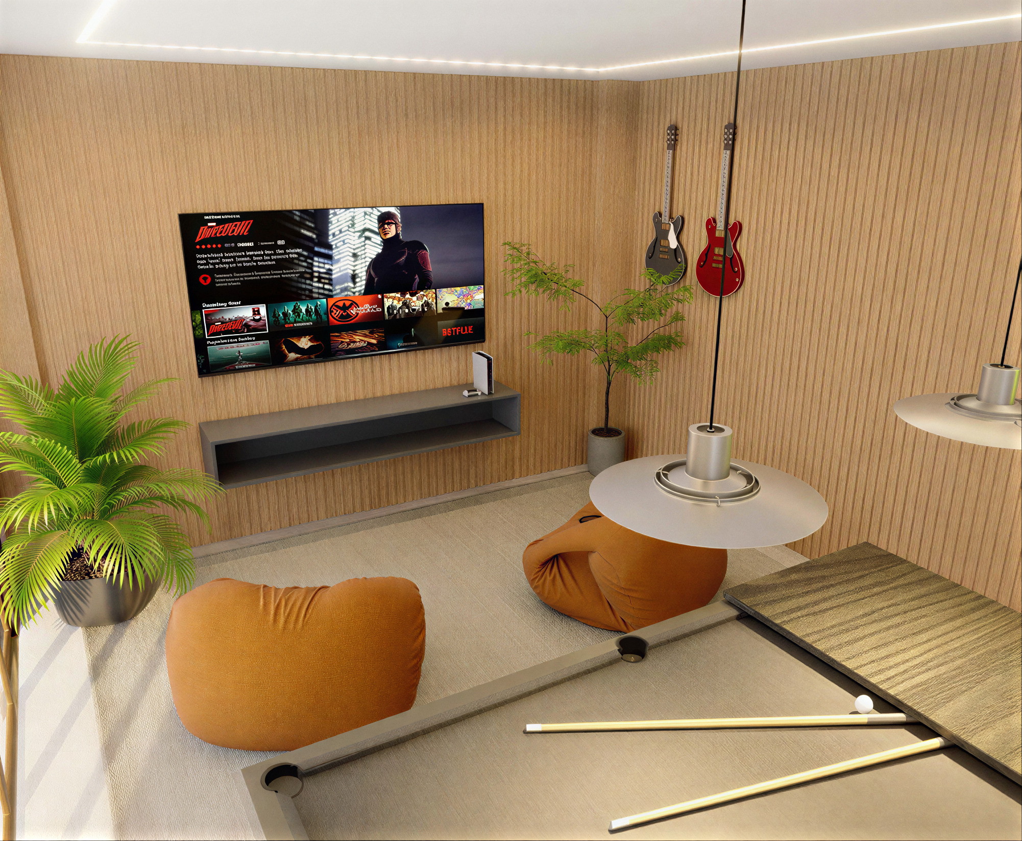 Sala de jogos com sinuca, puffs e televisão