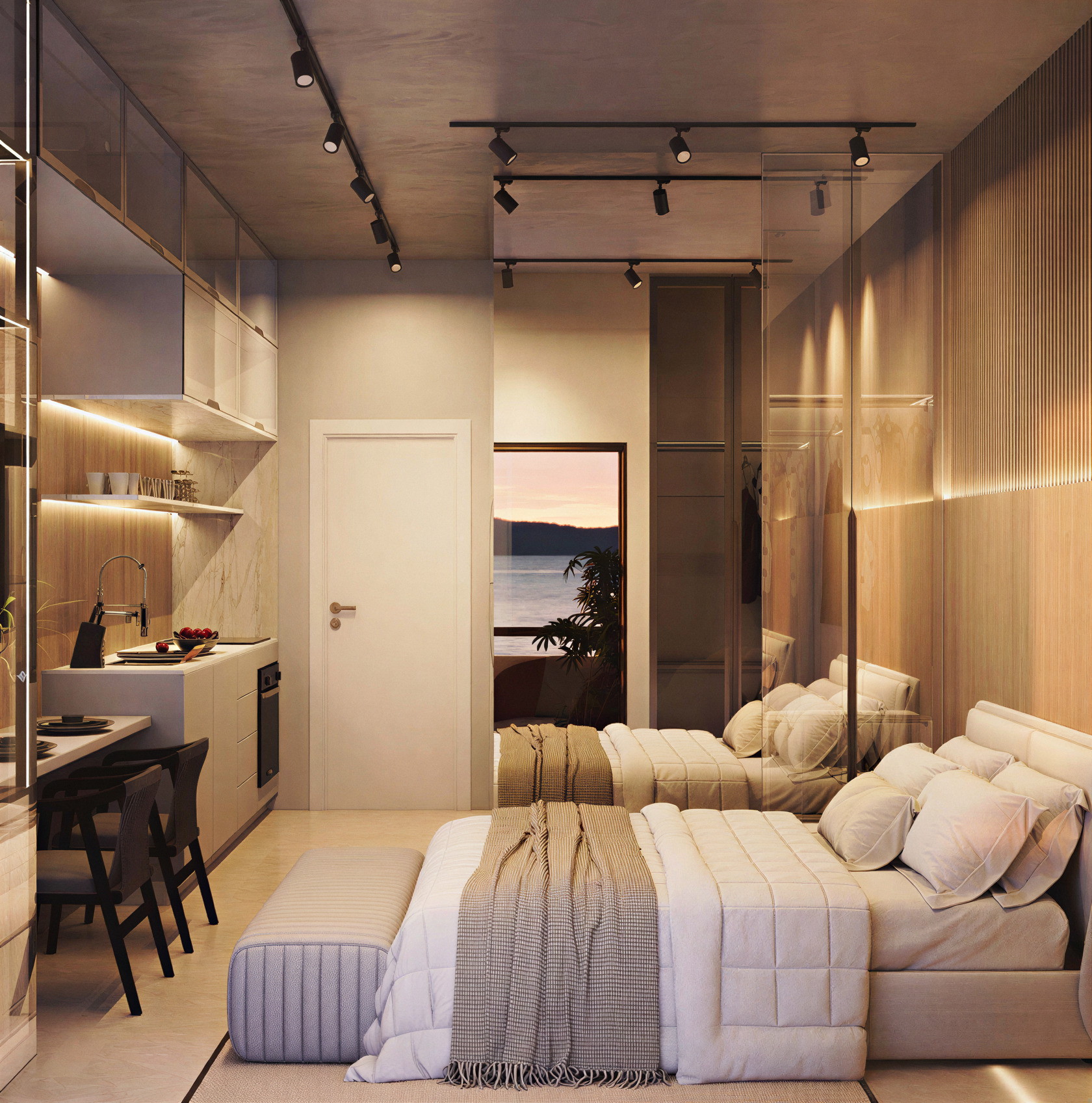Studio com cama, cozinha e mesa integradas